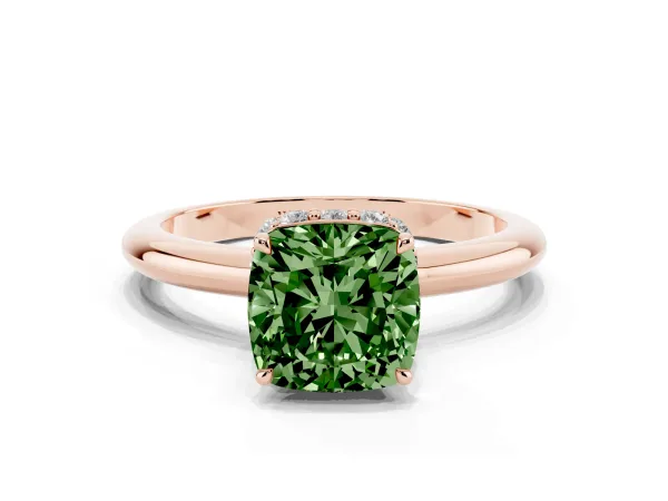 Fancy Green Cushion Cut Brilliant Solitaire Engagement Ring with Six-Prong Setting and Classic Band Rose gold