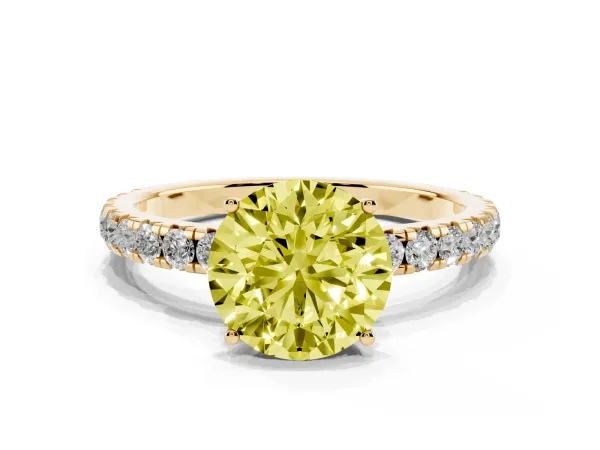 Fancy Yellow Round Cut Diamond Pavé Solitaire Engagement Ring with Four-Prong Setting Yellow gold