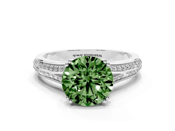 Fancy Green Round Cut Diamond Split Shank Engagement Ring with Pavé Band White gold