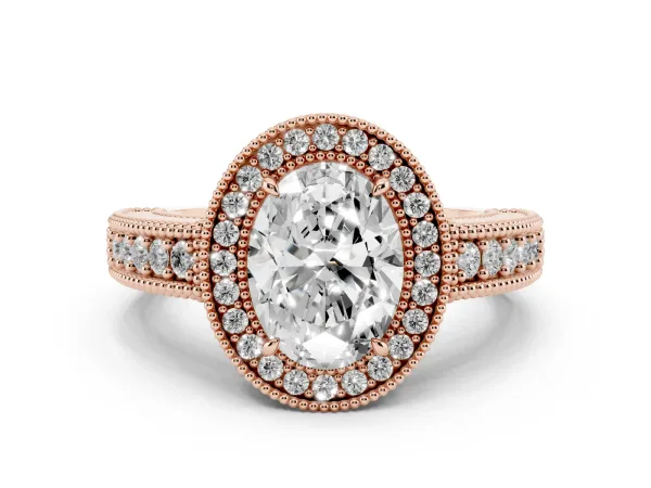 Oval Cut Cut Halo Diamond Ring with Pavé Band and Four-Prong Setting Rose gold