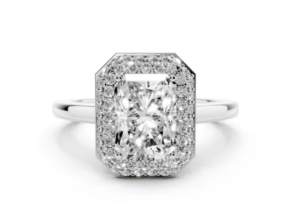 Radiant Cut Halo Diamond Engagement Ring with Solitaire Band and Four-Prong Setting White gold