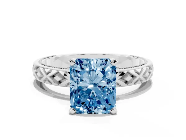 Fancy Blue Radiant Cut Solitaire Diamond Ring with Milgrain and Black Enamel X Pattern Band White gold