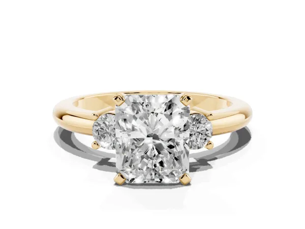 Three-Stone Radiant Cut Cut Diamond Solitaire with Prong Setting and Classic Band Yellow gold