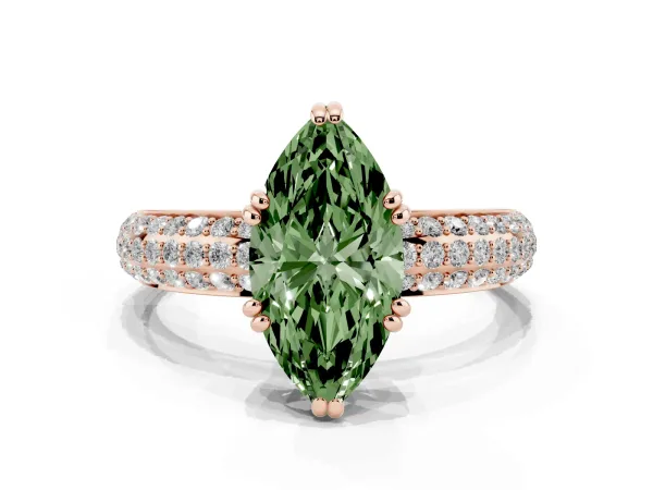 Fancy Green Marquise Cut Diamond Solitaire Ring with Multi-Row Round Pavé Band and Prong Setting Rose gold