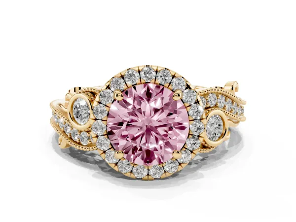 Fancy Pink Round Cut Diamond Halo Ring with Milgrain Pavé Band and Four-Prong Setting Yellow gold