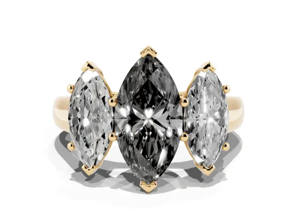 Fancy Black Marquise Cut Three-Stone Diamond Ring with Prong Setting on a Classic Band Yellow gold