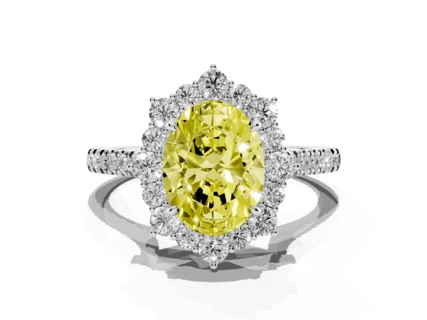 Fancy Yellow Oval Cut Halo Diamond Ring with Pavé Band and Prong Setting Platinum