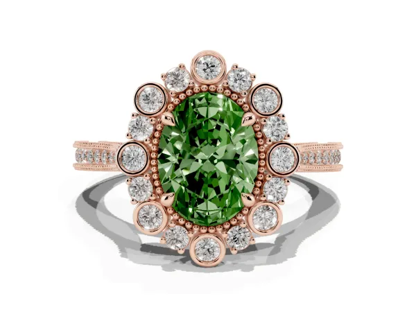 Fancy Green Oval Cut Halo Milgrain Pave Diamond Ring with Four-Prong Setting Rose gold