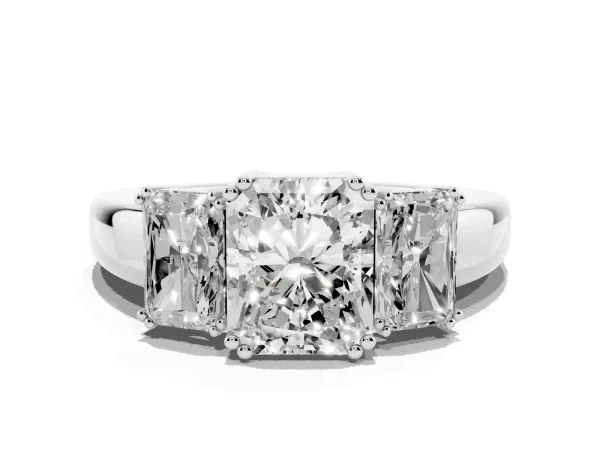 Three-Stone Radiant Cut Cut Diamond Ring with Channel Set Band and Four-Prong Setting White gold