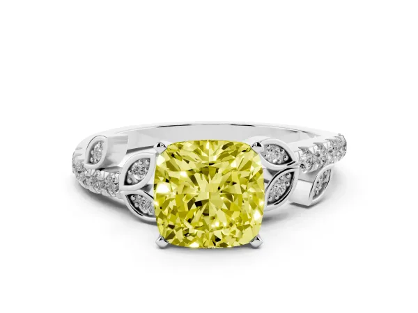 Fancy Yellow Cushion Cut Solitaire Leaf-Inspired Diamond Ring with Pavé Band and Four-Prong Setting White gold