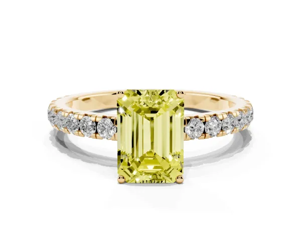 Fancy Yellow Emerald Cut Diamond Pavé Solitaire Engagement Ring with Four-Prong Setting Yellow gold