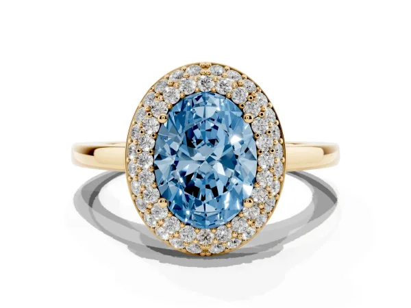 Fancy Blue Oval Cut Halo Diamond Engagement Ring with Solitaire Band and Four-Prong Setting Yellow gold