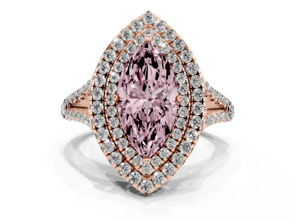 Fancy Pink Marquise Cut Diamond Double Halo Ring with Pavé Band and Prong Setting Rose gold