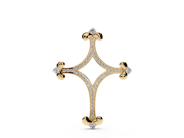 Pavé Diamond Cushion Cross Pendant with Fleur-de-Lis Prongs Yellow gold