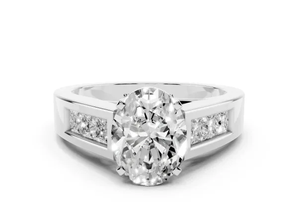 Oval Cut Cut Channel Set Solitaire Ring with Four-Prong Setting Platinum