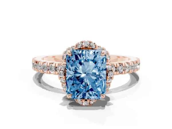 Fancy Blue Radiant Cut Halo Diamond Pave Band Ring with Four-Prong Setting Rose gold
