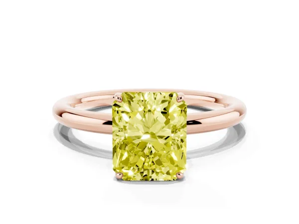 Fancy Yellow Radiant Cut Solitaire Diamond Ring with Four-Prong Setting on a Plain Band Rose gold