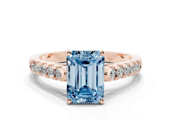 Fancy Blue Emerald Cut Diamond Pavé Band Solitaire Ring with Prong Setting Rose gold