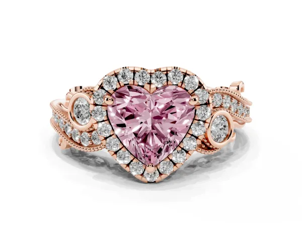 Fancy Pink Heart Cut Diamond Halo Ring with Milgrain Pavé Band and Four-Prong Setting Rose gold