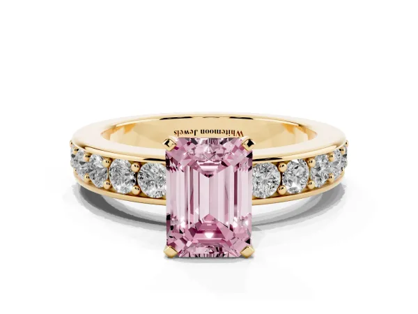 Fancy Pink Emerald Cut Diamond Engagement Ring with Channel Set Round Band and Prong Setting Yellow gold