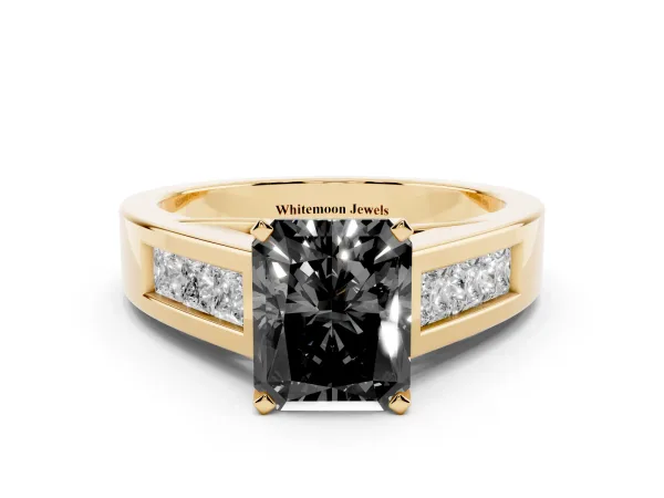 Fancy Black Radiant Cut Cut Channel Set Solitaire Ring with Four-Prong Setting Yellow gold
