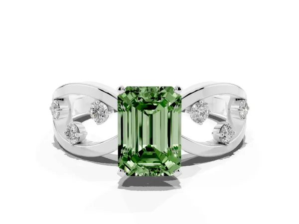 Fancy Green Emerald Cut Cut Solitaire Diamond with Side Stones on Criss-Cross Band and Four-Prong Setting Platinum