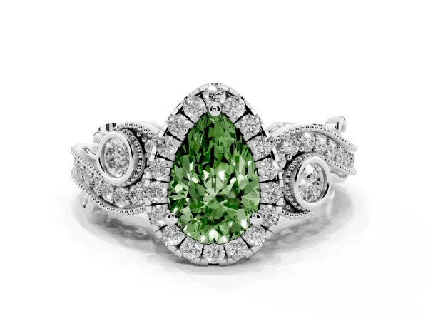 Fancy Green Pear Cut Halo Diamond Ring with Milgrain and Bezel Accents on a Split Shank Band Platinum