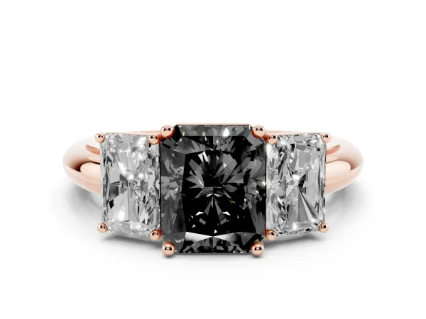 Fancy Black Three-Stone Radiant Cut Cut Diamond Engagement Ring with Prong Setting on a White Gold Band Rose gold