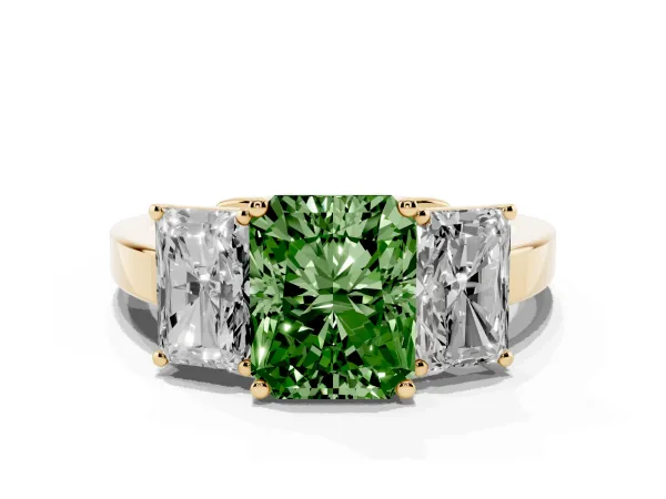 Fancy Green Three-Stone Radiant Cut Cut Diamond Engagement Ring with Flat Band and Four-Prong Setting Yellow gold