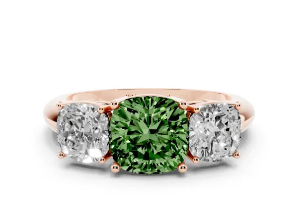 Fancy Green Three-Stone Cushion Cut Cut Diamond Engagement Ring with Prong Setting on a White Gold Band Rose gold