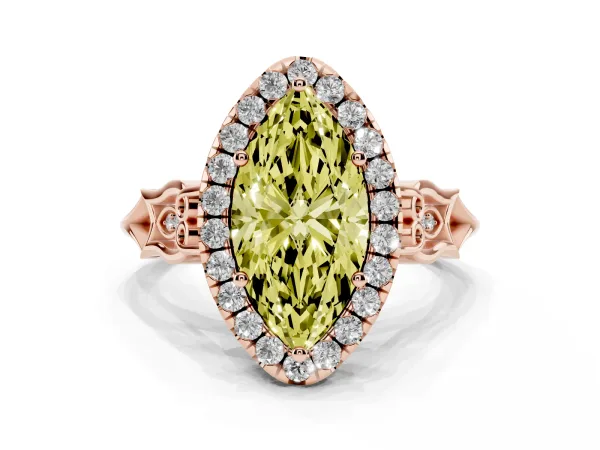 Fancy Yellow Marquise Cut Halo Diamond Engagement Ring with Filigree Band and Four-Prong Setting Rose gold