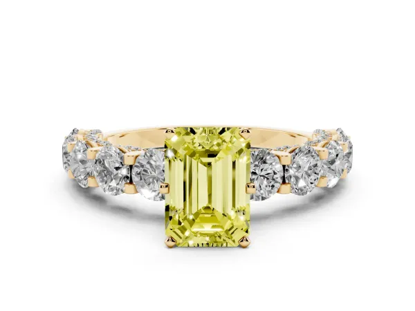 Fancy Yellow Emerald Cut Diamond Side Stone Engagement Ring with Four-Prong Setting Yellow gold