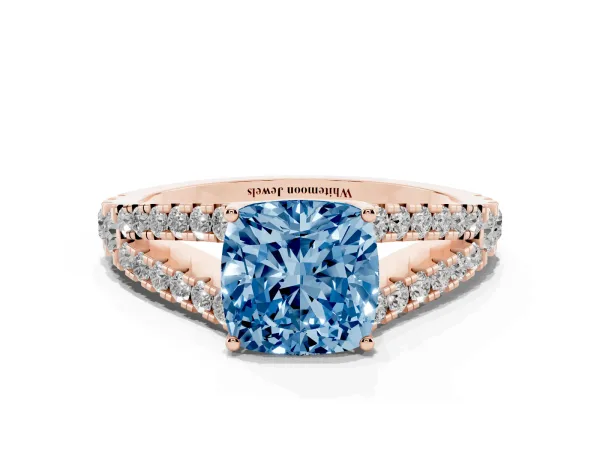 Fancy Blue Cushion Cut Diamond Split Shank Pavé Engagement Ring with Four-Prong Setting Rose gold