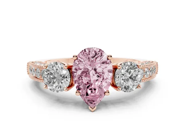 Fancy Pink Pear Cut Three-Stone Diamond Ring with Pavé Band and Four-Prong Setting Rose gold
