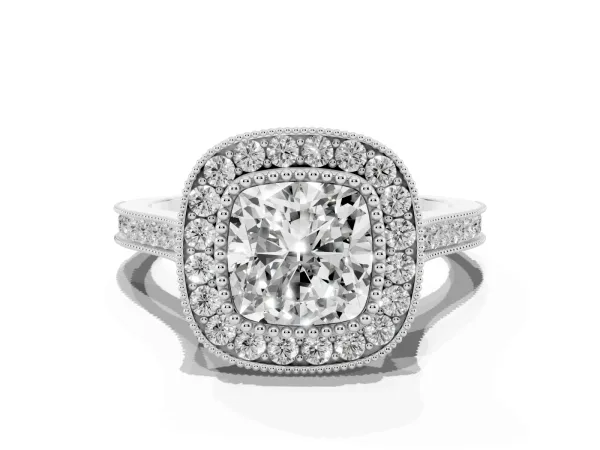 Cushion Cut Diamond Halo Ring with Milgrain Frame and Pavé Band White gold