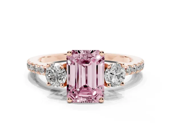 Fancy Pink Three-Stone Emerald Cut Cut Diamond Pavé Band with Prong Setting Rose gold