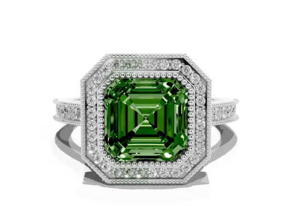 Fancy Green Halo Asscher Cut-Cut Diamond Pave Band Milgrain Prong Setting Ring Platinum