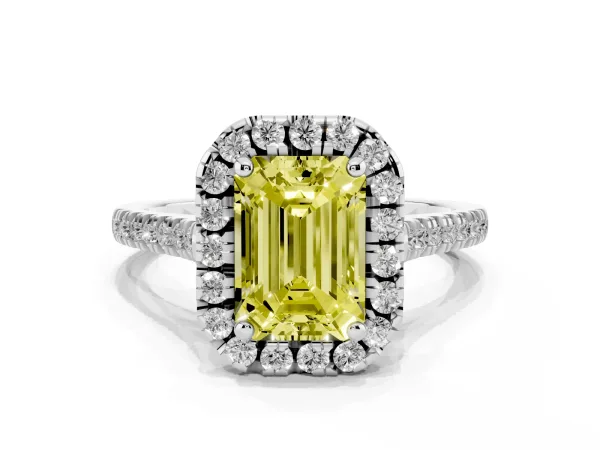 Fancy Yellow Emerald Cut Diamond Cushion Halo Ring with Pavé Band Platinum