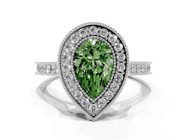 Fancy Green Halo Pear Cut-Cut Diamond Pave Band Milgrain Prong Setting Ring Platinum