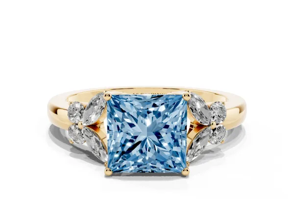 Fancy Blue Princess Cut Cut Solitaire Floral Diamond Ring with Four-Prong Setting Yellow gold