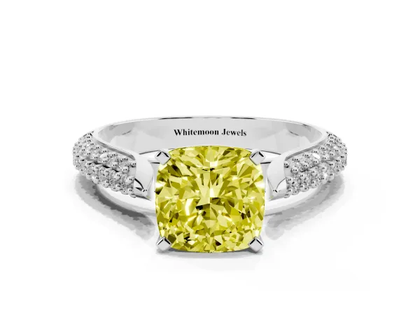 Fancy Yellow Cushion Cut Diamond Solitaire Engagement Ring with Multi-Row Round Pavé Band and Prong Setting White gold