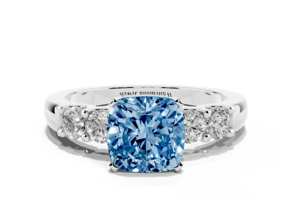 Fancy Blue Cushion Cut Brilliant Cut Diamond Five-Stone Prong Set Engagement Ring with Channel Band Platinum