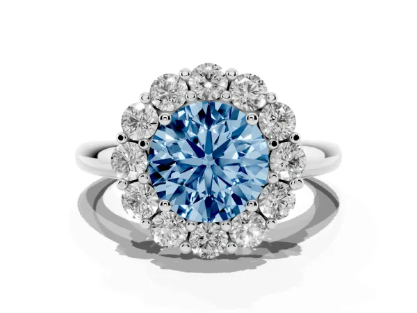 Fancy Blue Round Cut Halo Cluster Diamond Engagement Ring with Prong Setting and Polished Band Platinum
