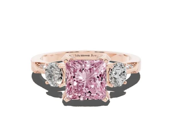 Fancy Pink Princess Cut Brilliant Three-Stone Diamond Ring with Pavé Band and Four-Prong Setting Rose gold