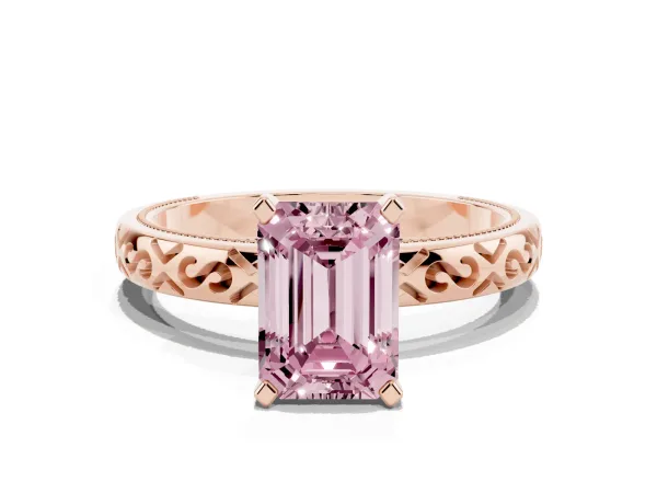 Fancy Pink Emerald Cut Solitaire Engagement Ring with Scrollwork Band and Four-Prong Setting Rose gold