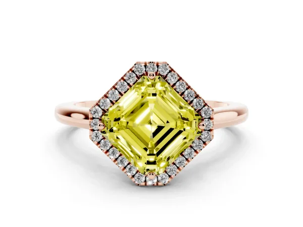 Fancy Yellow Asscher Cut Halo Round Diamond Solitaire Engagement Ring with Pave Band and Four-Prong Setting Rose gold