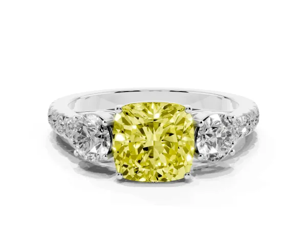 Fancy Yellow Cushion Cut Cut Diamond Three-Stone Ring with Round Side Stones and Pavé Band White gold