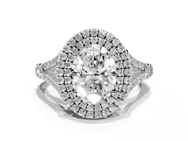 Oval Cut Cut Double Halo Split Shank Diamond Ring with Prong Setting White gold