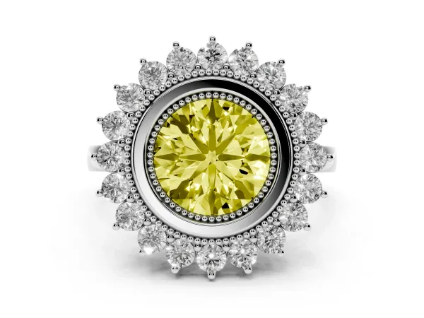 Fancy Yellow Round Cut Halo Diamond Ring with Milgrain Edge and Round Prong Setting White gold