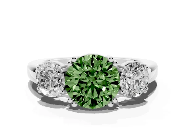 Fancy Green Three-Stone Round Cut Cut Diamond Ring with Channel Set Band and Four-Prong Setting Platinum